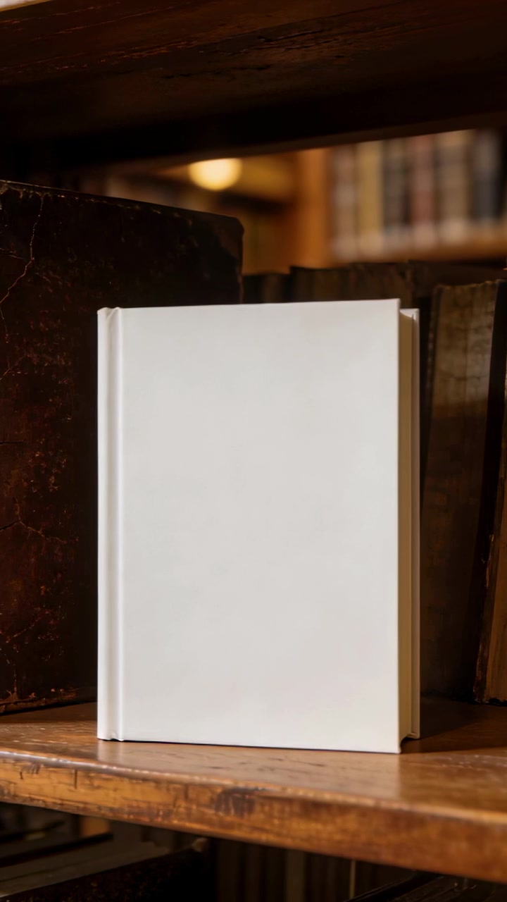 Verticale video: Camera beweegt, toont vlekken op een wit gebonden boek bij vintage boeken in een studeerkamer.