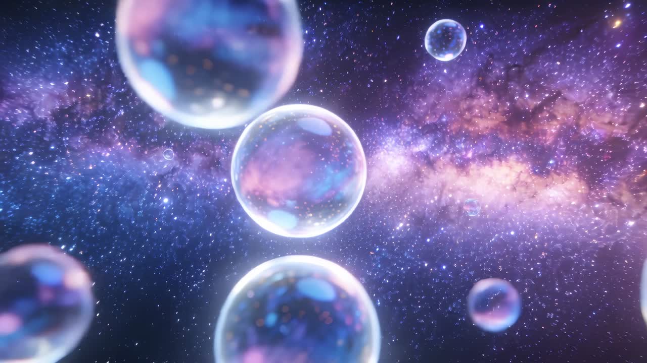 カメラが前方へドリーイングし、星雲の帯とともに玉虫色の泡が宇宙空間で近づいてくる。色鮮やかさを示している。