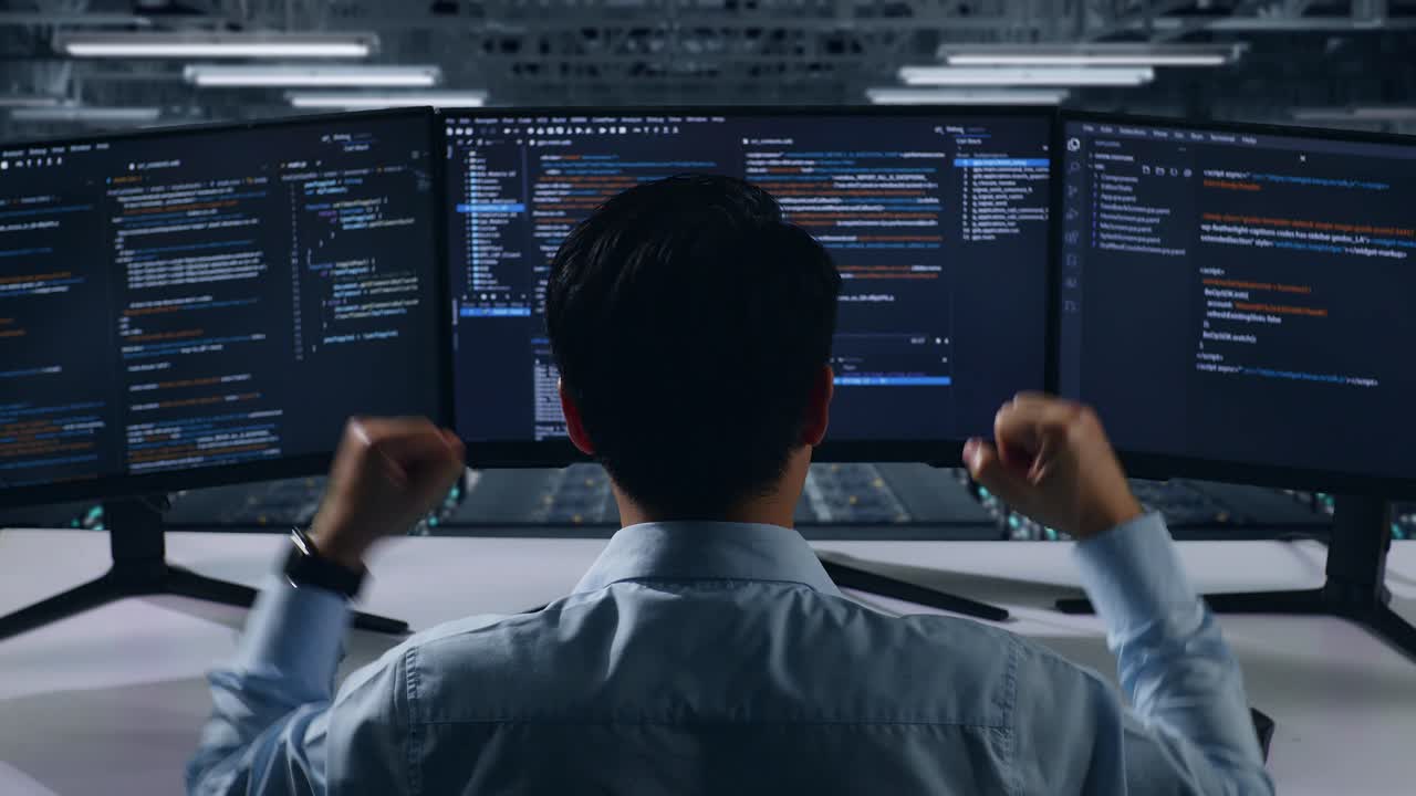 행복한 아시아 남성 개발자가 데이터 센터에서 여러 컴퓨터 화면으로 코드를 작성하는 동안 축하하고 춤을 추는 뒷면