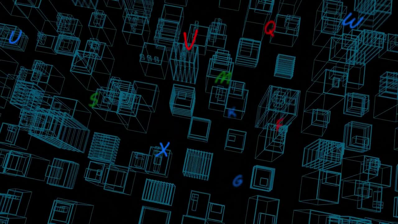 Animation of colorful letters over digital city on black background