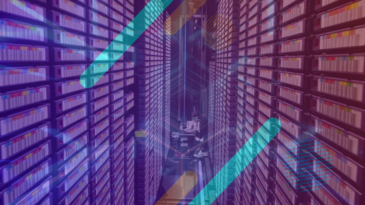 Animation of neon glowing tunnel in seamless pattern against computer server room