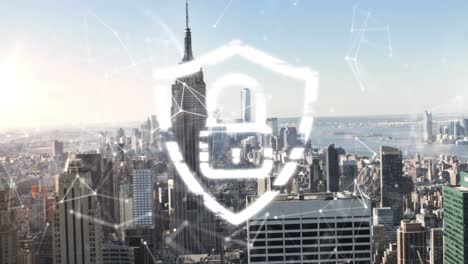 animation of shield padlock and moving digital lines and dots connections over modern cityscape