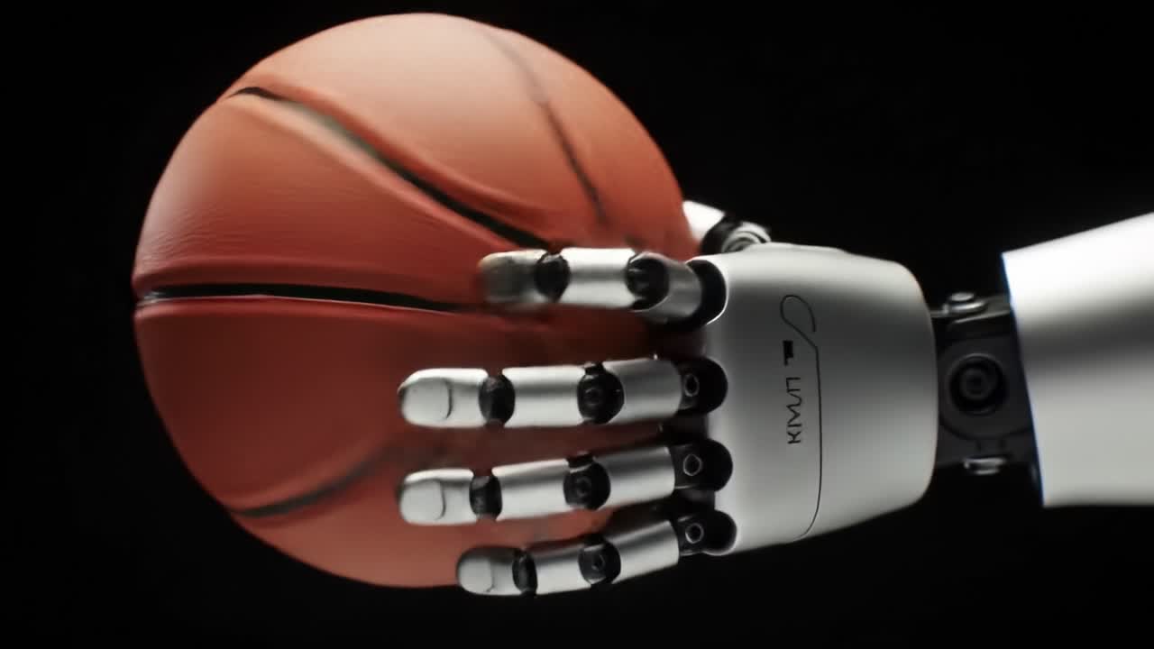 A robotic hand grips a basketball, showcasing advanced technology in robotics and artificial intelligence. This demonstration highlights the capabilities and potential of robotic systems in sports.