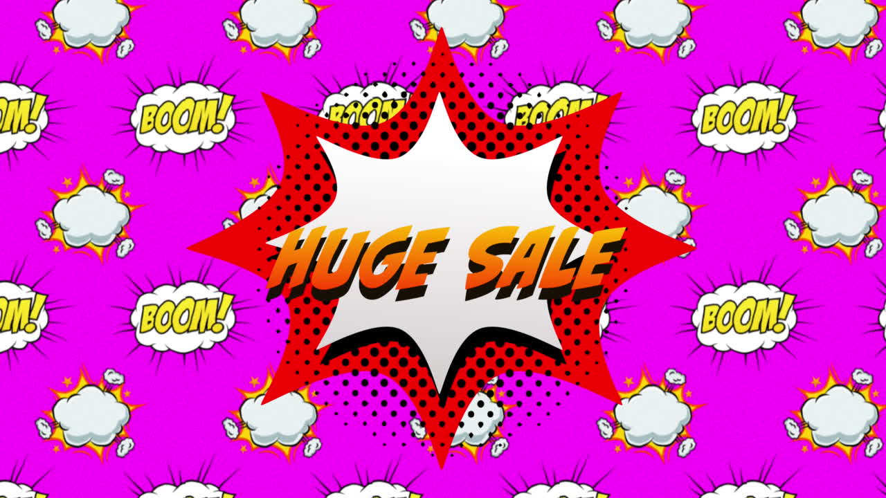 venta enorme y boom texto en la burbuja de habla contra fondo rosa