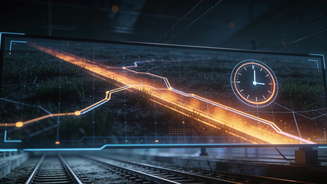Floating HUD pulsing orange band graph clock at station camera framing rails blurred figure in coat