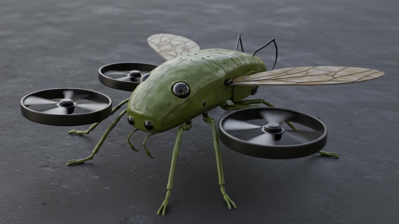 Innovative Robotic Insect: A Green Drone with Wings and Rotors, Designed to Mimic Nature and Enhance Aerial Capabilities with Unique Insect-like Features