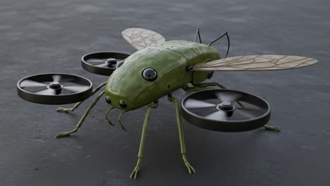 innovative robotic insect: a green drone with wings and rotors, designed to mimic nature and enhance aerial capabilities with unique insect-like features