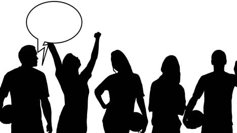 스포츠 팬들의 실루 ⁇ 의 애니메이션으로  ⁇ 색 바탕에 음성 거품이 있습니다.