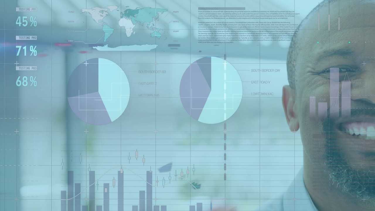 animación de la interfaz infográfica multicolor, cara recortada de un hombre afroamericano sonriente
