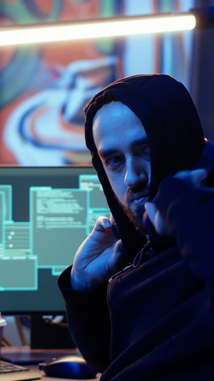 En vertikal video af en nervøs hacker, der kigger sig over skulderen i angst for at blive opdaget og komme i fængsel