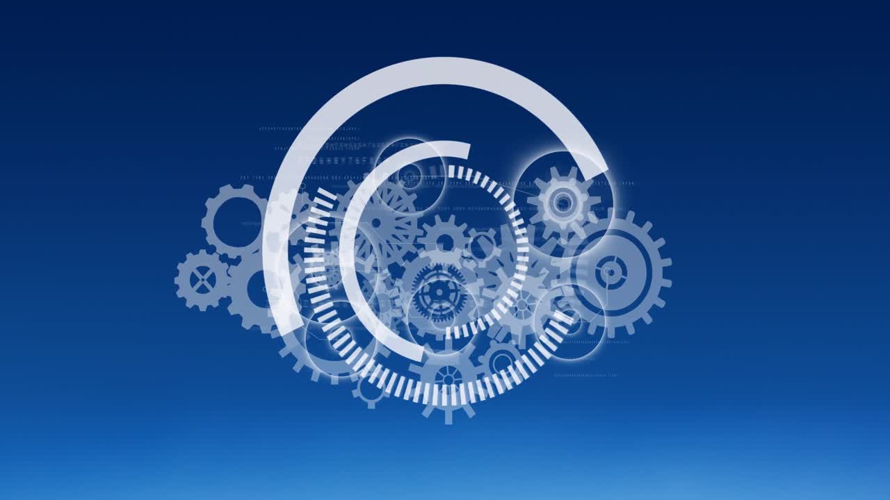 animación de los engranajes y escaneo del alcance sobre fondo azul