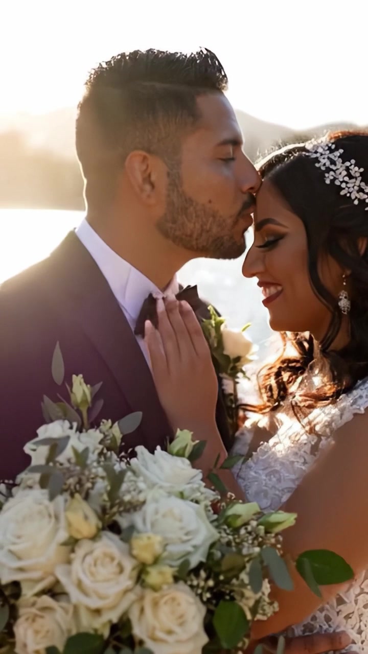 Un momento romántico de boda: pareja compartiendo amor al atardecer con un hermoso ramo floral y un impresionante fondo natural.