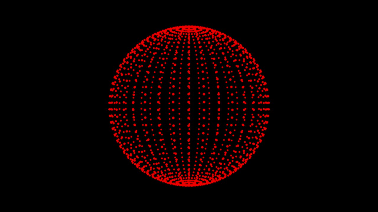 Loop rotate sphere animation cycle. Red dots on black background