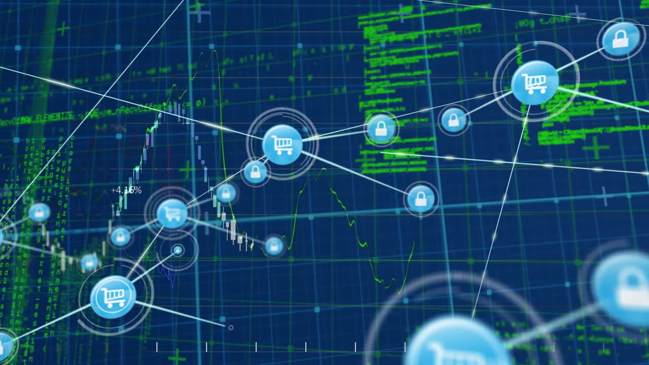 Animation of network of connections with icons over data processing on blue background
