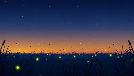 a serene evening: fireflies dance amongst tall grass under a starry sky at dusk, illustrating the beauty of nature's tranquility and magical moments