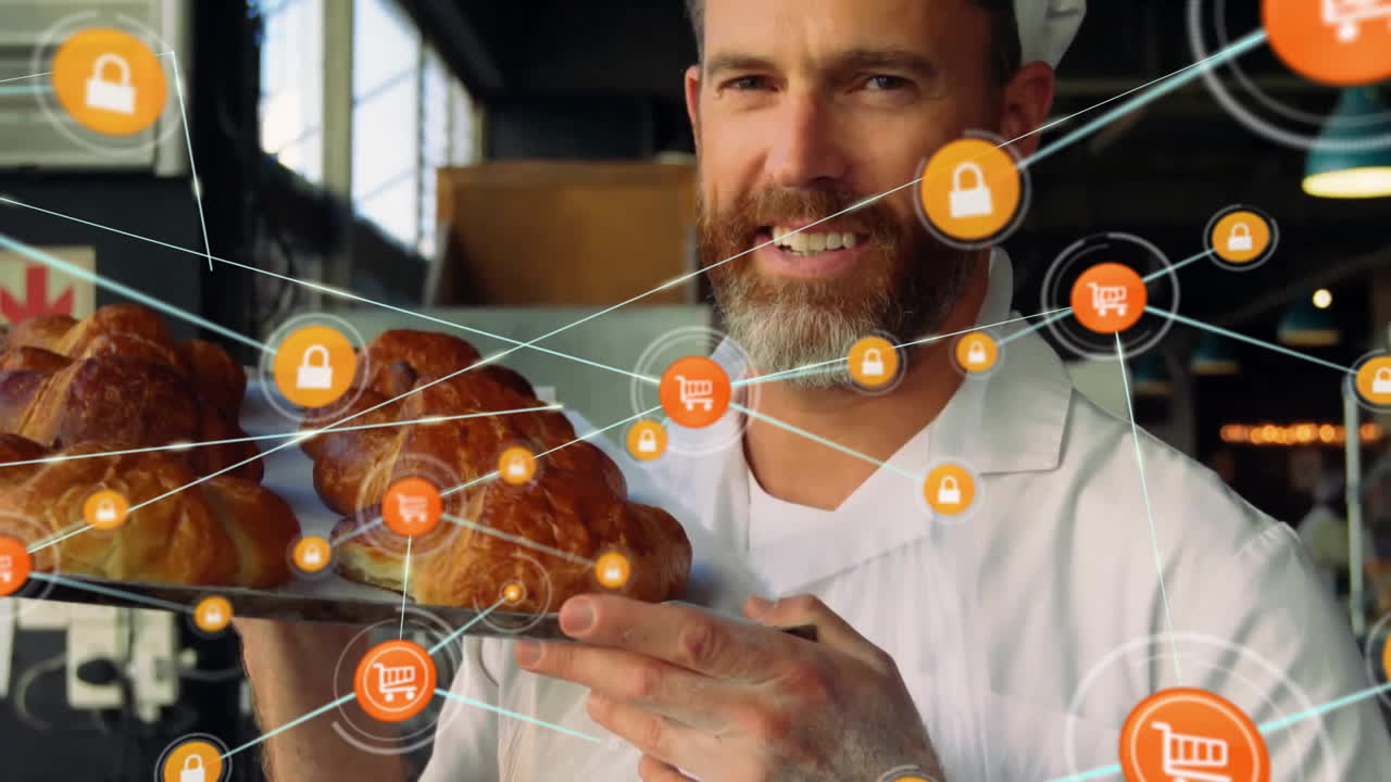 부에서 백인 요리사에 대한 아이콘과 연결 네트워크의 애니메이션