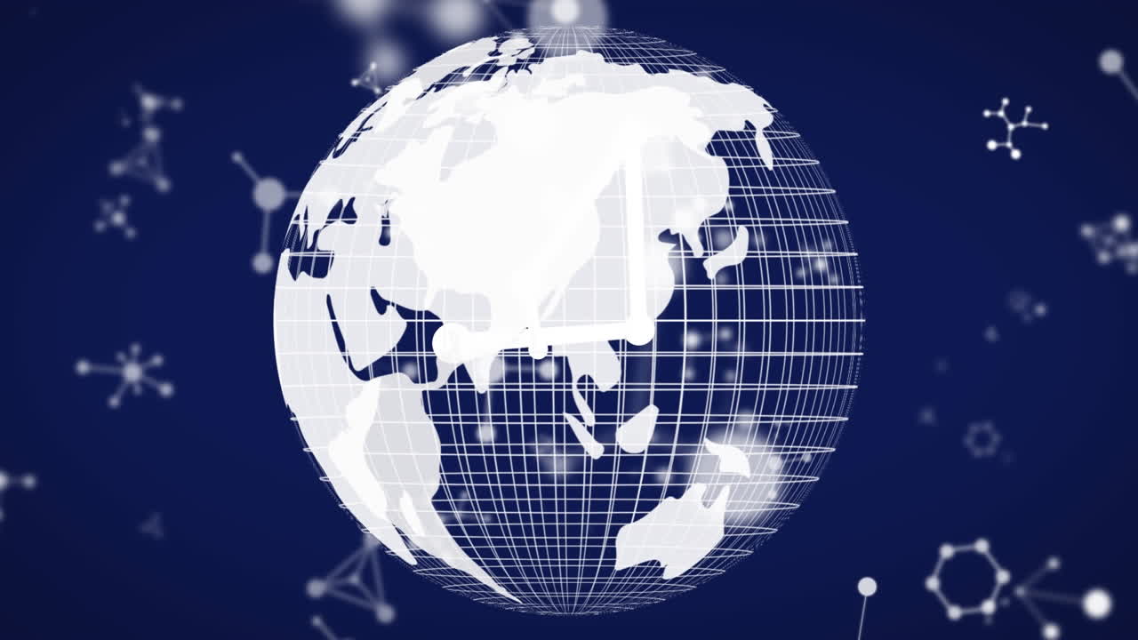 지구 지구의 애니메이션, 그리고 파란색 배경의 분자