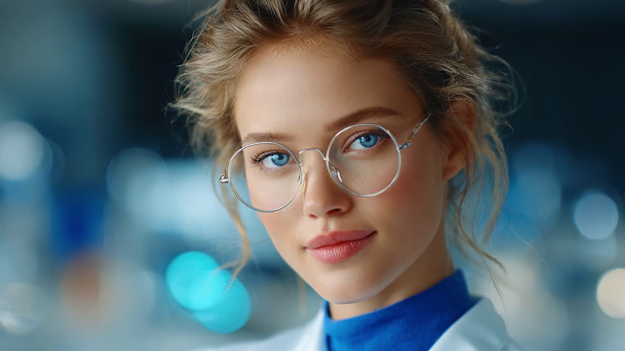 A Confident Young Woman in a Lab Coat with Glasses, Radiating Intelligence and Approachability, Captured in a Calm and Professional Environment