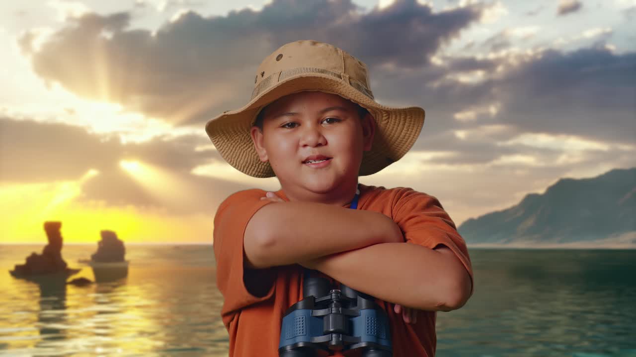 Niño asiático con sombrero y prismáticos cruzando los brazos y sonriendo a la cámara en la playa. Niño investigador examinando algo, concepto de aventura de viaje, primer plano