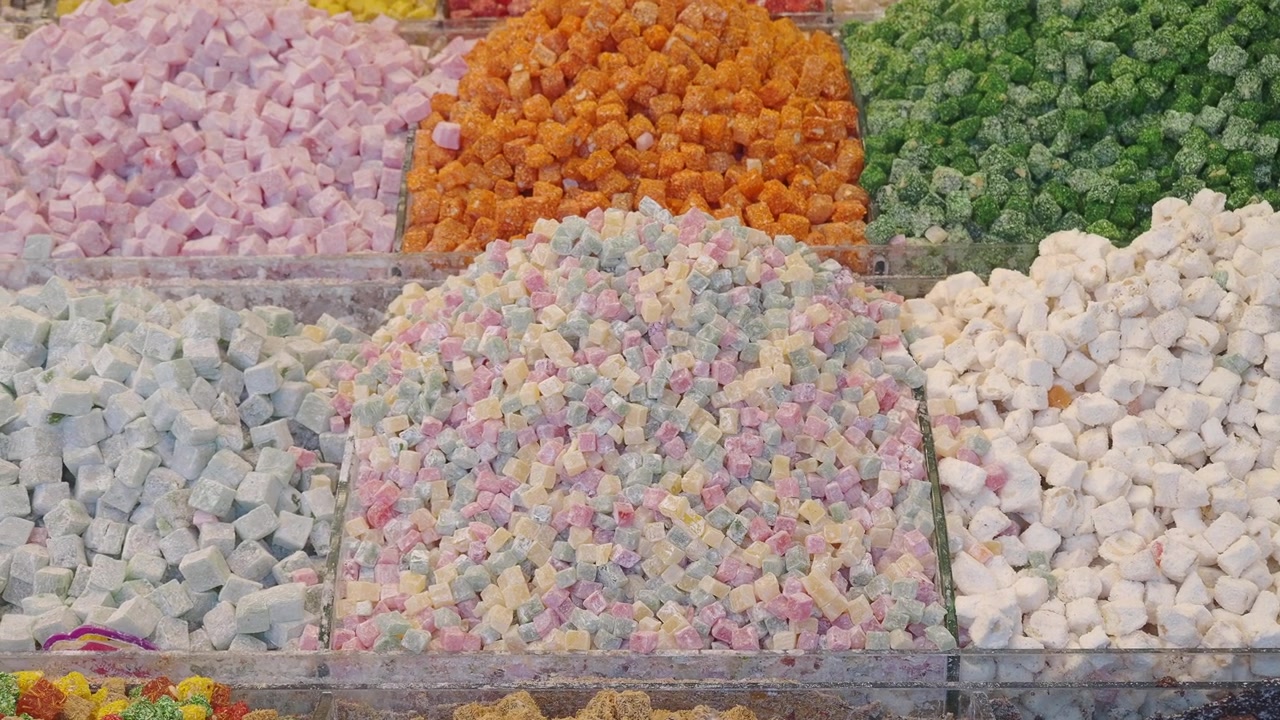 Assorted Turkish Delight Sweets Displayed at a Market