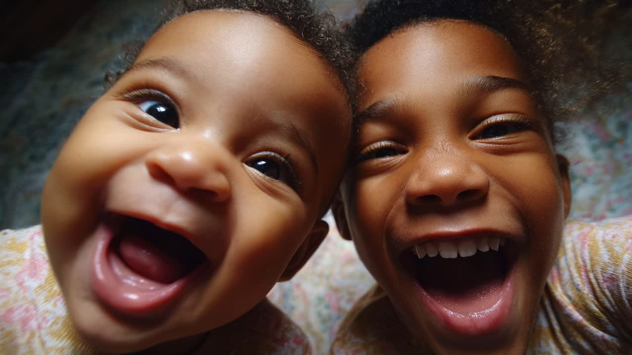 Delightful Expressions of Joy: Two Siblings Share Heartwarming Laughter and Connection in a Close-Up Shot, Capturing the Essence of Childhood and Unbreakable Bonds