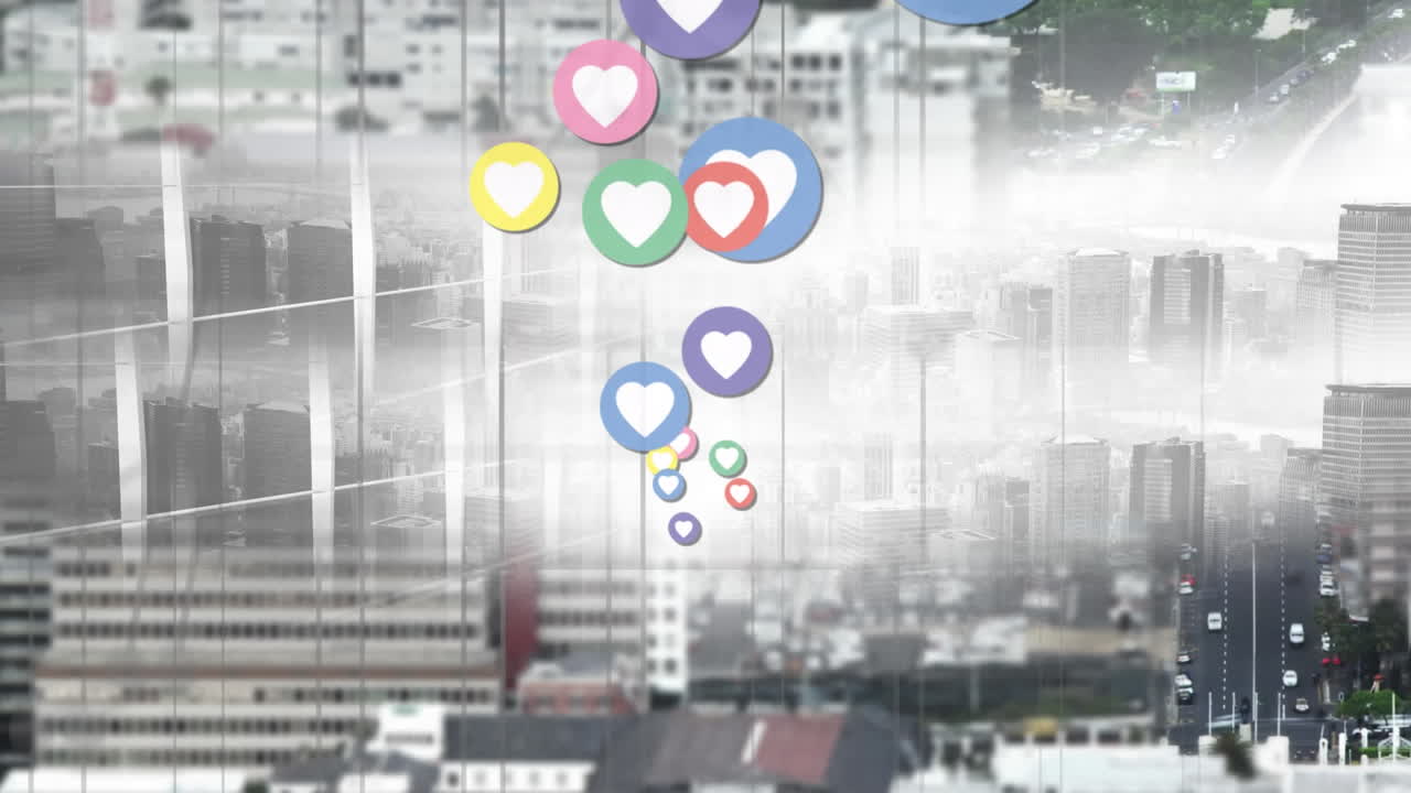 여러 가지 다채로운 심장 아이콘이 도시 풍경의 전망에 떠다니고 있습니다.