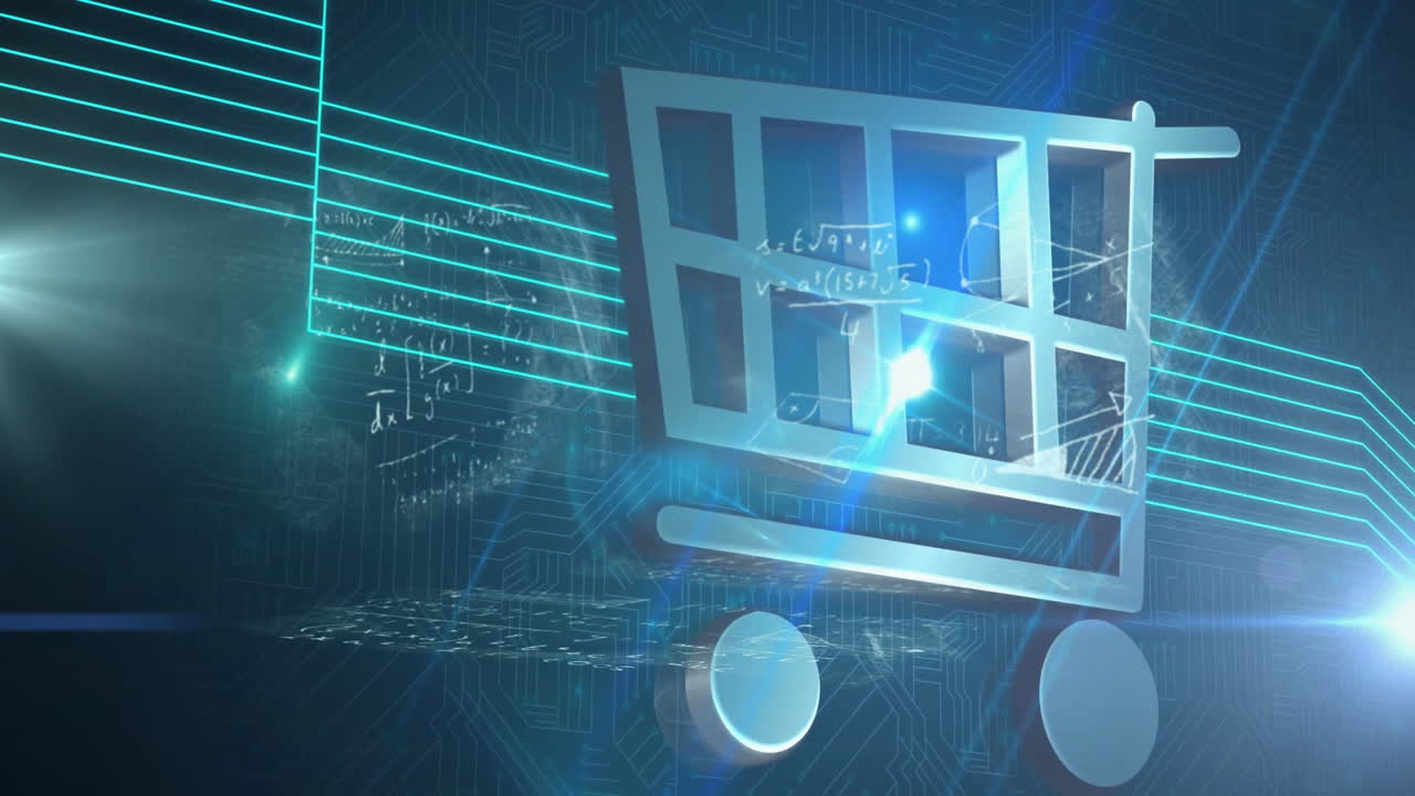 Animation of shopping cart icon with digital data and equations in futuristic design