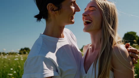 two happy women embracing and laughing in a sunny flower field
