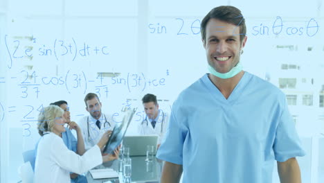 in discussion, medical professionals with mathematical equations animation overlaid