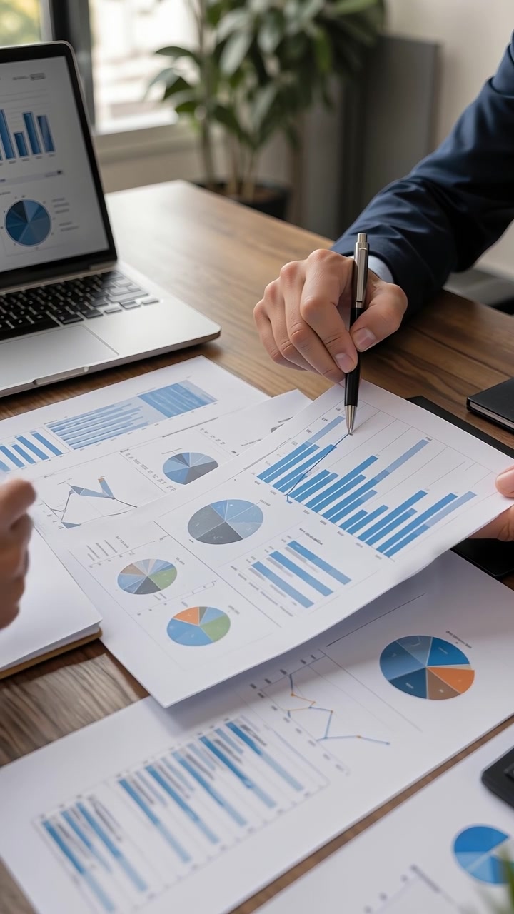 Forretningsfolk analyserer finansielle data og diagrammer under et bedriftsmøte på et kontor.