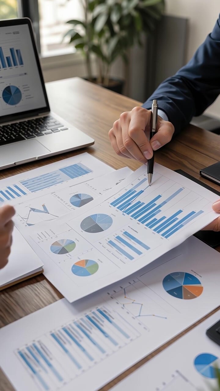 Erhvervsfolk analyserer finansielle data og diagrammer under et firmamøde på et kontor.