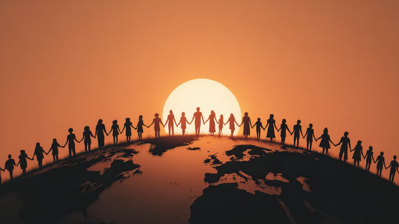 A Heartwarming Display of Unity and Togetherness as Diverse Figures Hold Hands Around the Globe, Framed by a Radiant Sunset