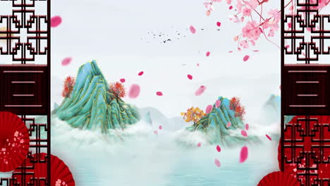 낮에는 고대 중국 전통 일본 풍경 잉크 그림 아름다운 평온한 나무, 산, 꽃, 호수, 물, 새, 파란 하늘, 배, 체리 꽃의 계절