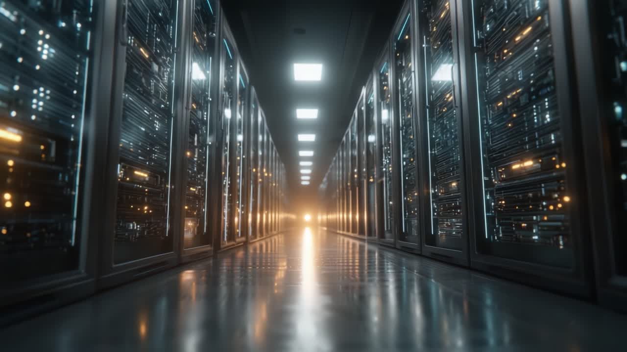 Et imponerende indblik i et futuristisk datacenter: Oplyste serverrack beklæder korridoren og fremviser avanceret teknologi og effektive netværksoperationer.