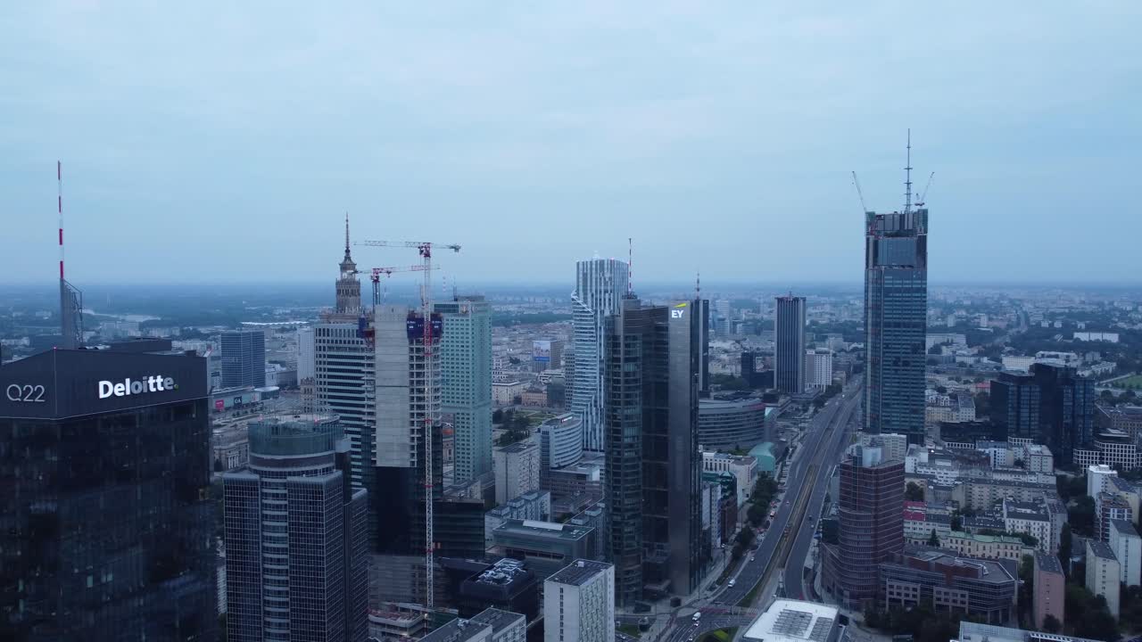 A drone video of skyscrapers in Warsaw, Poland's city center