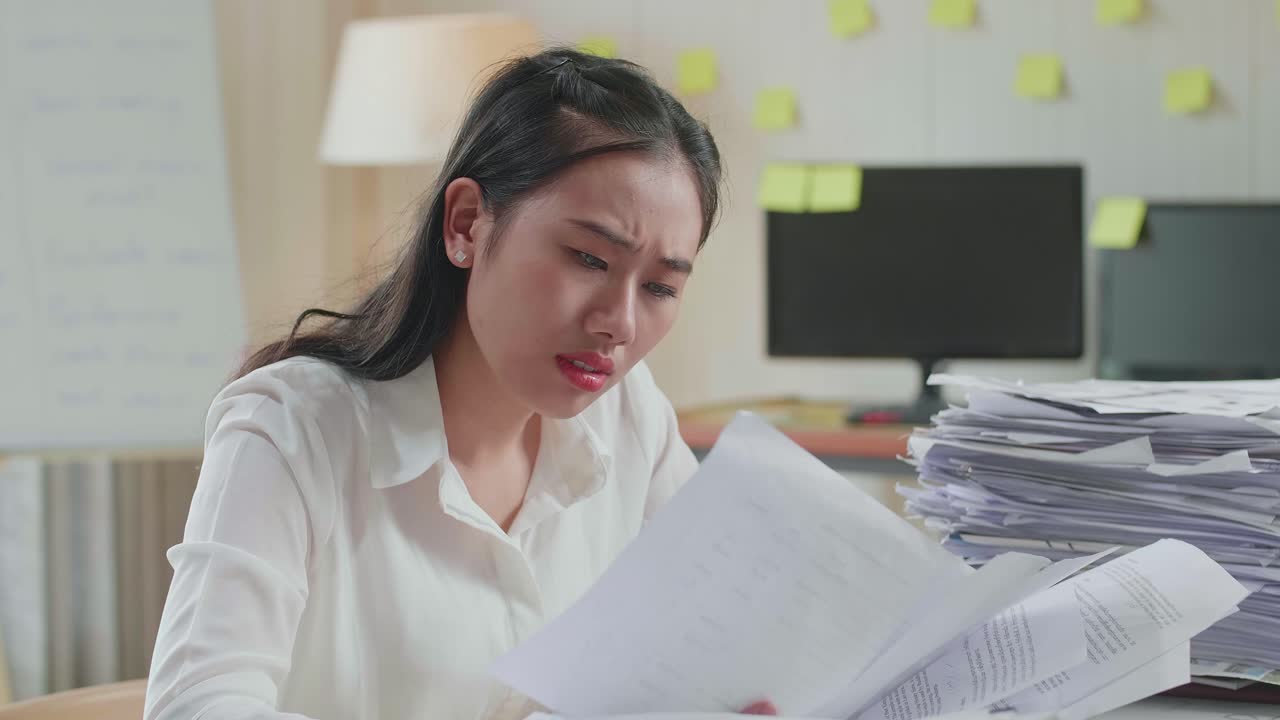 지친 아시아 여성이 사무실에서 문서와 함께 열심히 일하면서 머리를 흔들고 있습니다.