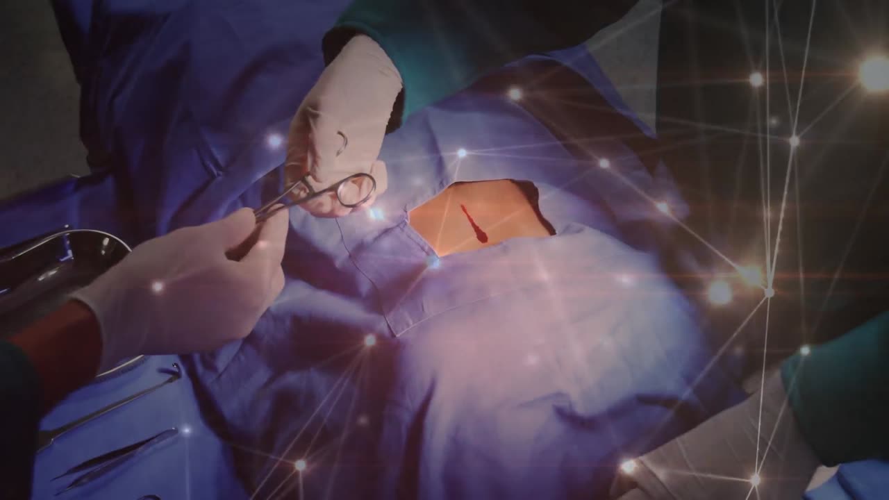 animación de la red de conexiones sobre sobre cirujanos en el quirófano