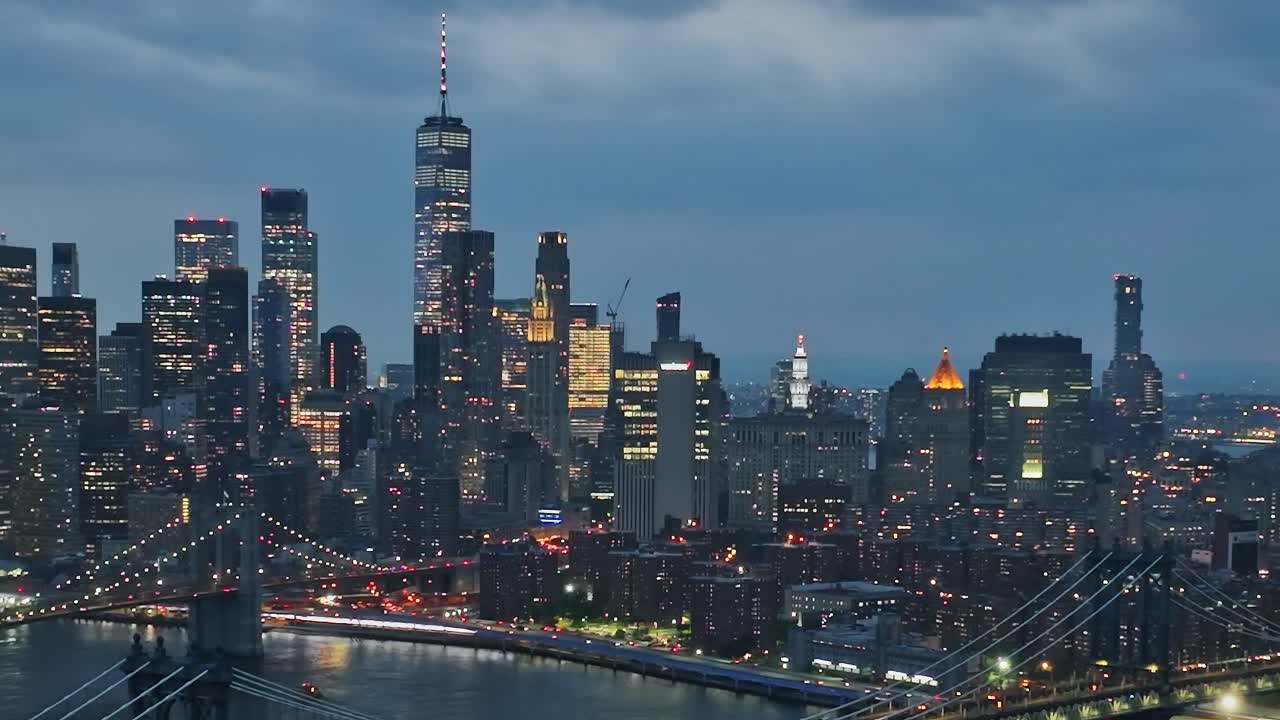 Drone view of New York City's skyline during twilight hours