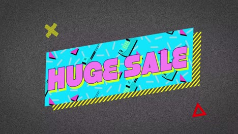 Animation-of-retro-huge-sale-text-on-blue-banner-with-geometric-shapes-on-grey-background