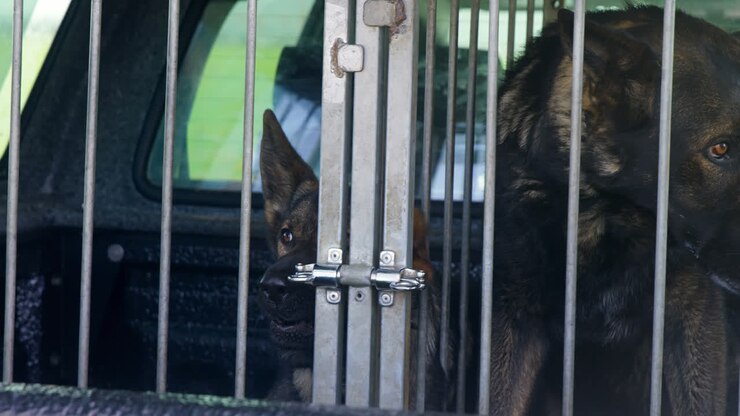 Shepherd dog sitting in the cage 4k