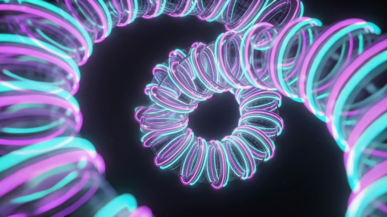 Verticale video: Spiraalvormige neonspiralen die naar binnen schuiven terwijl de camera vooruit beweegt in de leegte, en een torus onthullen