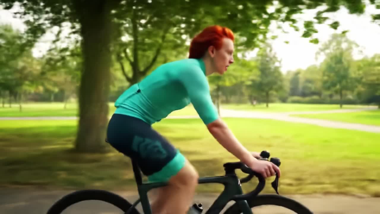 A cyclist with striking red hair pedals through a lush green park during a warm afternoon. The sun shines down, casting playful shadows as they navigate a scenic path lined with trees.