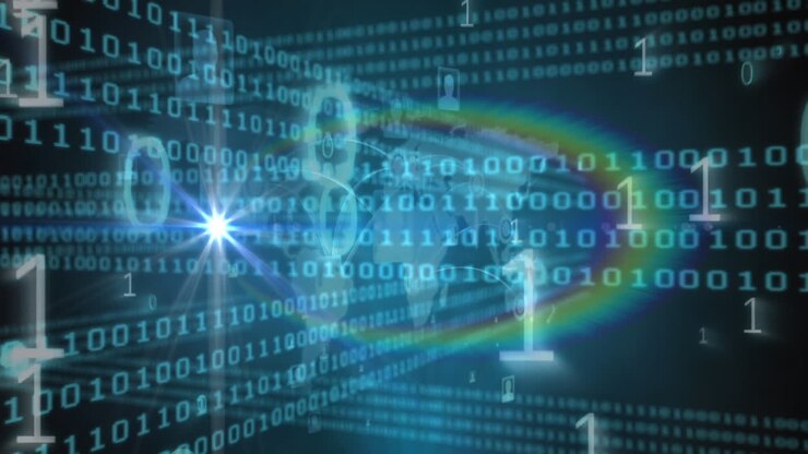 Binary coding data processing over world map on blue background