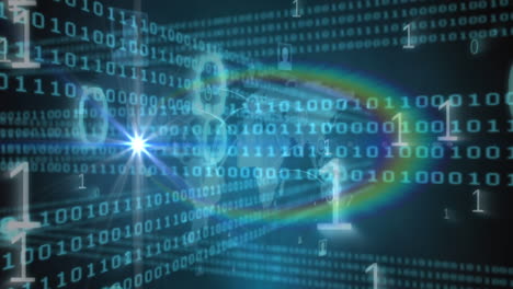 Binary coding data processing over world map on blue background