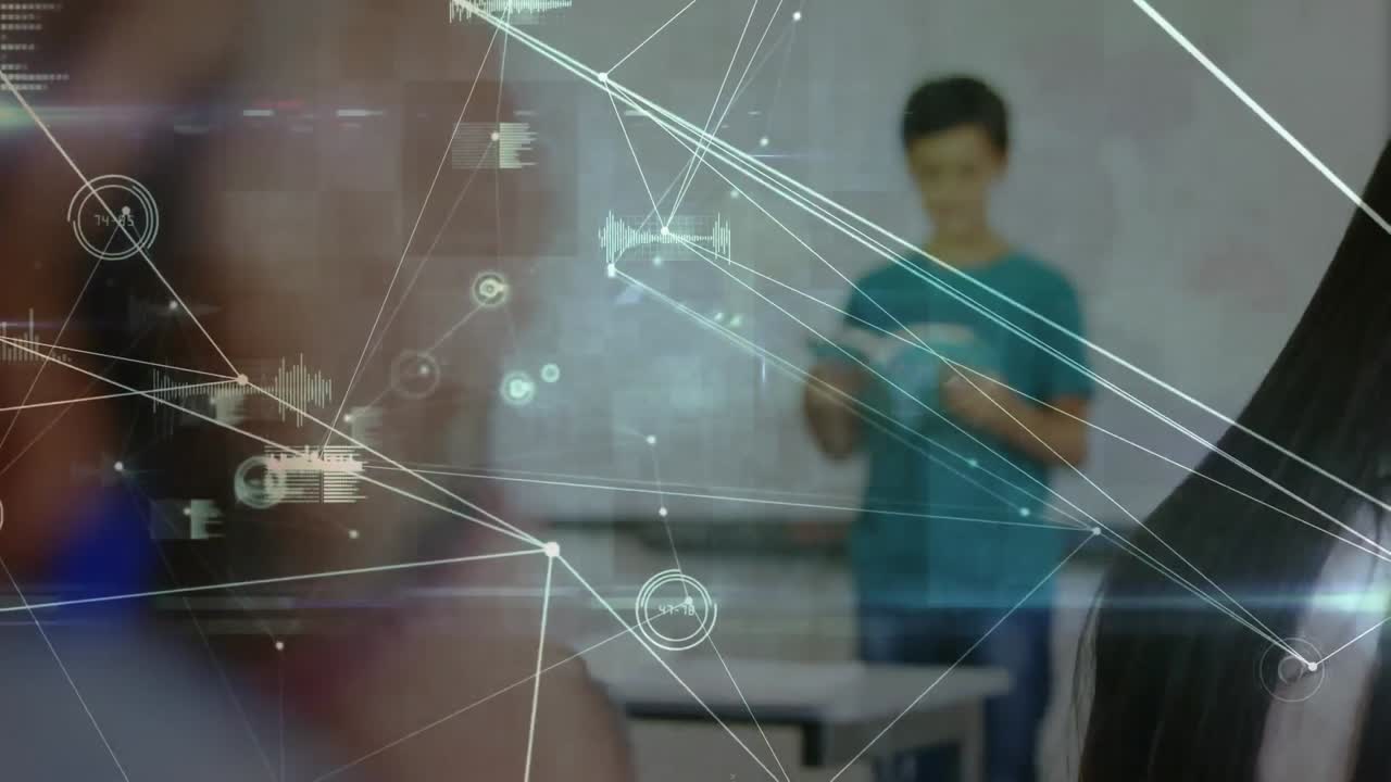 animación de la red de conexiones con iconos sobre los estudiantes en la escuela