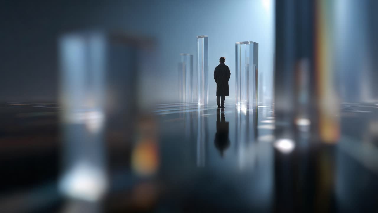 En ensom skikkelse går gennem et surrealistisk landskab af glaslignende strukturer, hvilket skaber en atmosfære af isolation og eftertanke i et smukt oplyst miljø