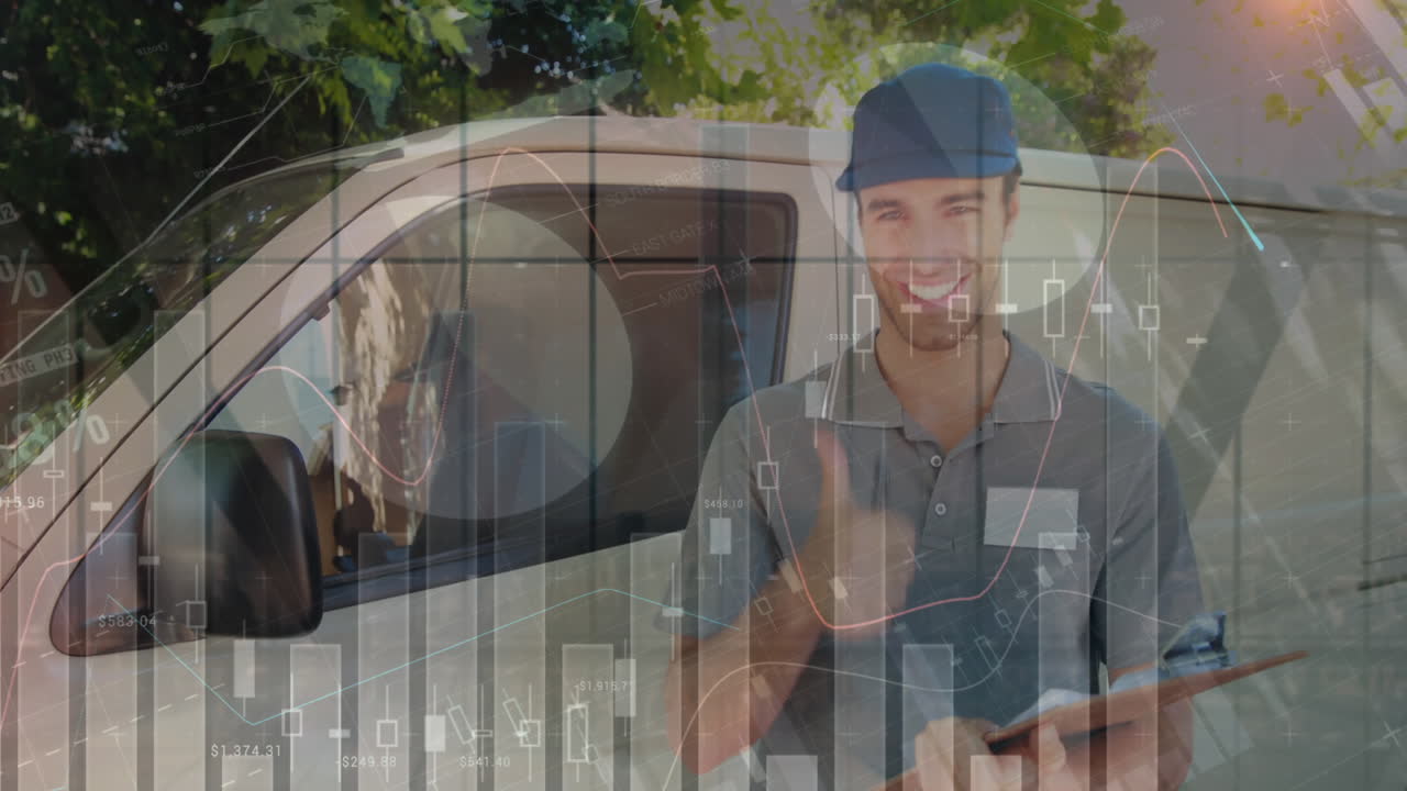 animación de estadísticas y procesamiento de datos financieros sobre el repartidor y la furgoneta