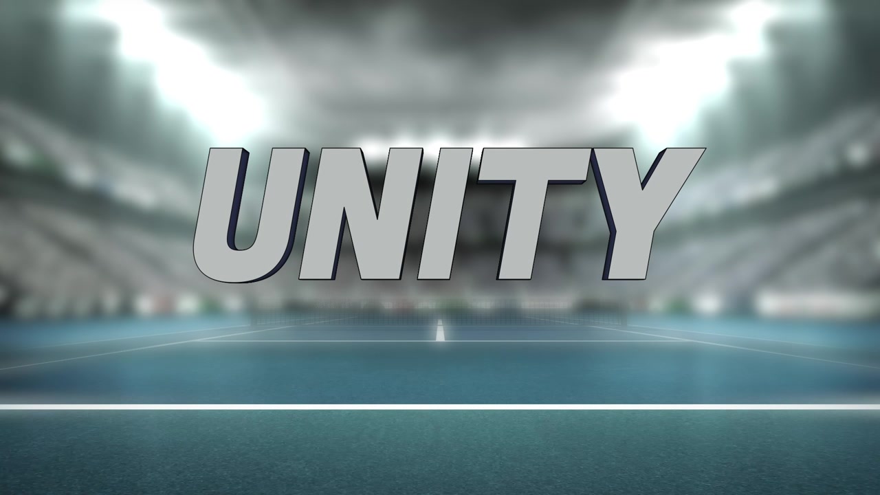 Timer reaching five seconds starting giant UNITY rotating revealing depth at stadium, with lights
