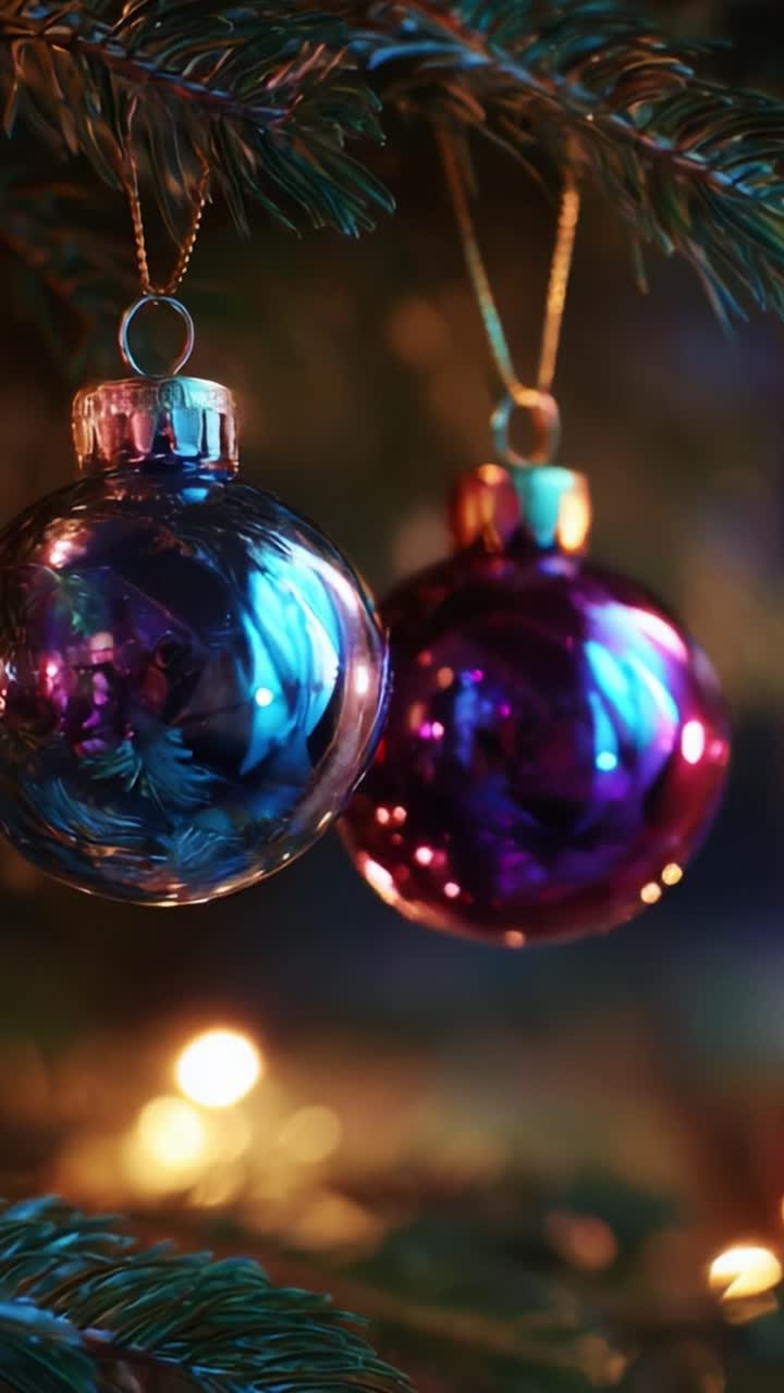 A Captivating Close-Up of Colorful Ornaments Hanging on a Christmas Tree, Glimmering with Soft Lighting that Evokes a Warm and Joyful Holiday Atmosphere Enhancing the Festive Spirit