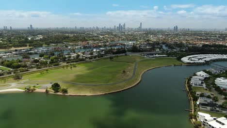 Aerial-View-from-a-distance-of-Gold-Coast-city,-and-Surfers-Paradise